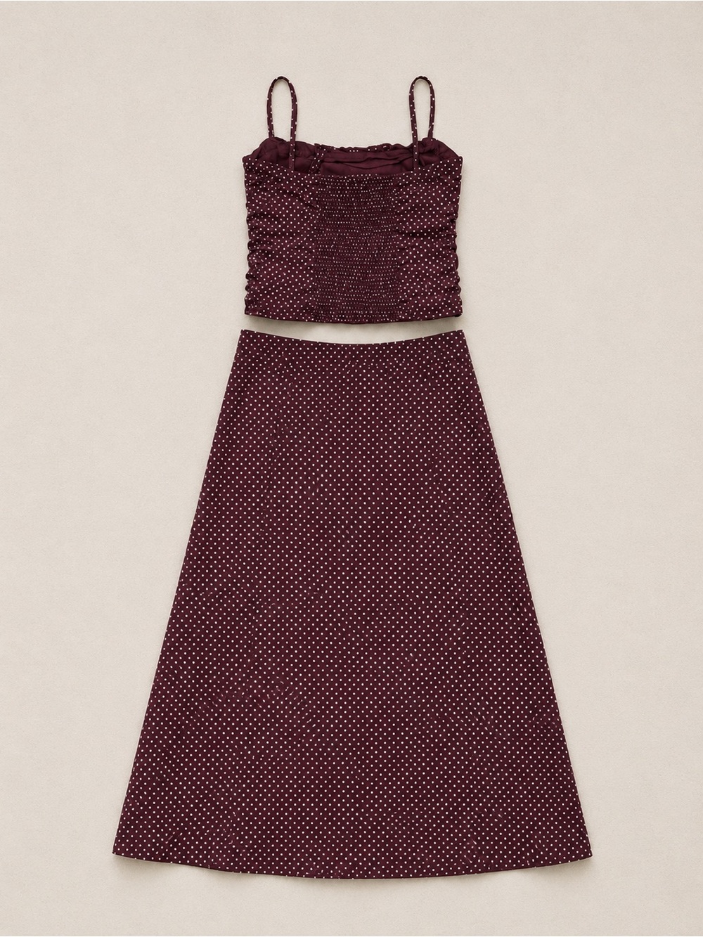 Princess Polly Burgundy Polka Dot Set Size 0 NWOT Ruched Crop Top & Midi Skirt - Picture 2 of 3